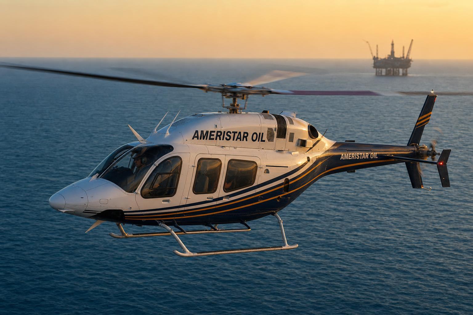 Ameristar Oil branded Bell helicopter in flight